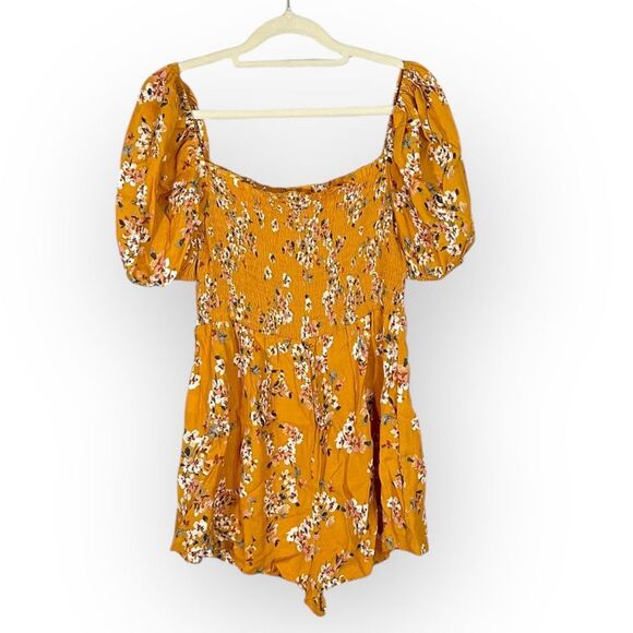 Flynn Skye Justine Romper Women's Medium Orange Floral Puff Sleeve Smocked RTR - Picture 4 of 11